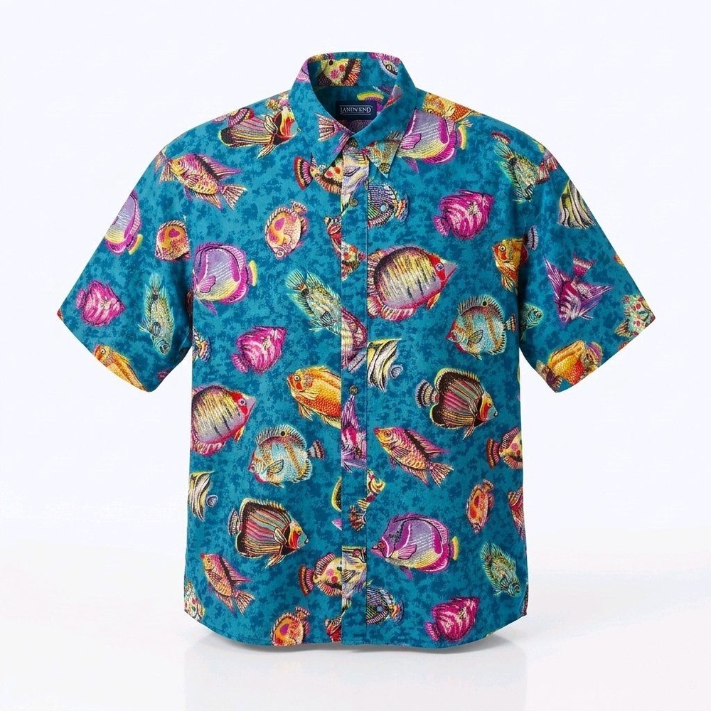 Lands End Mens Blue Tropical Fish Print Short Sleeve Button Down Shirt Large